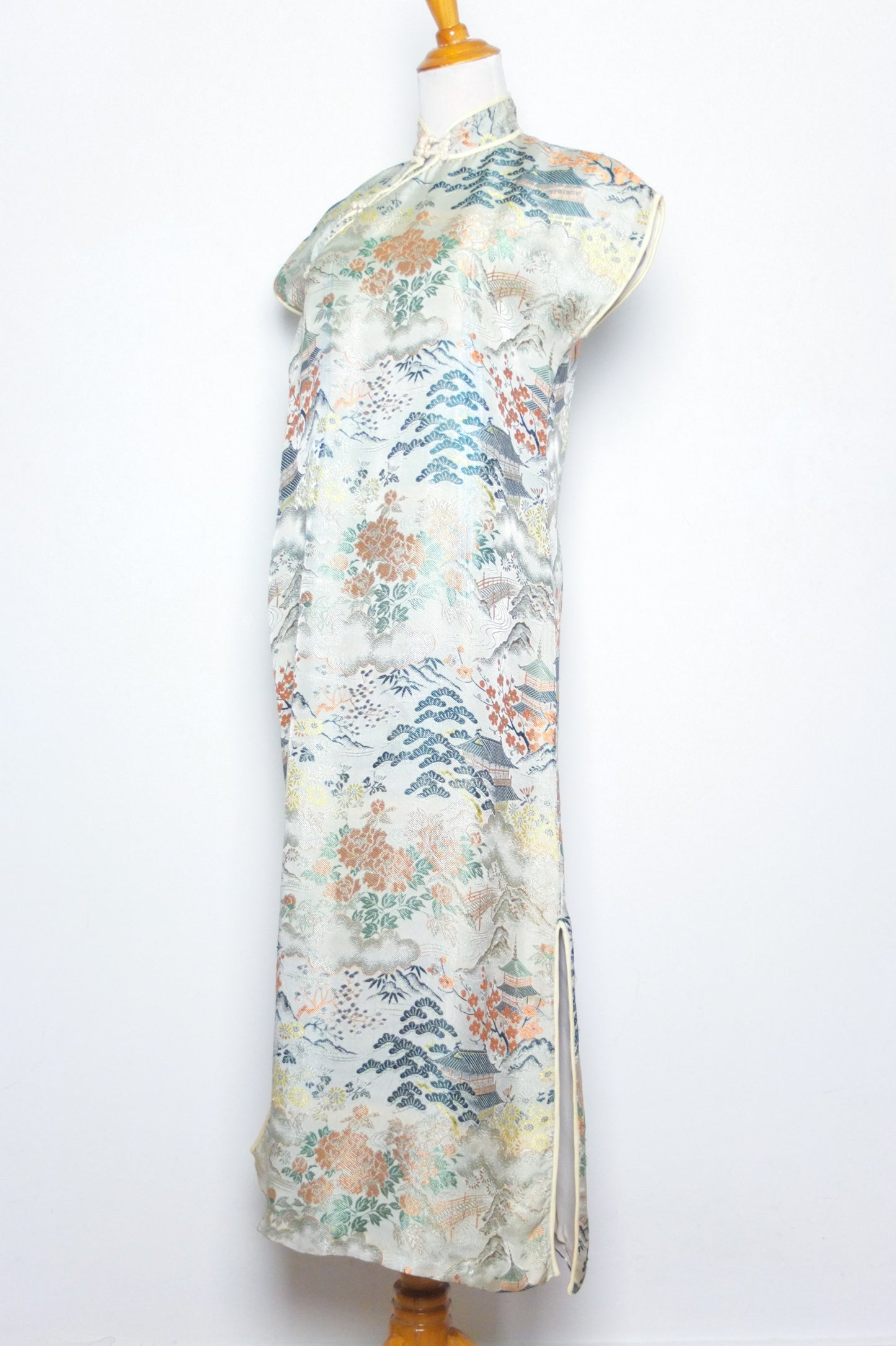 Vintage Cherry Blossom Mandarin Silk Maxi Dress (S-M)