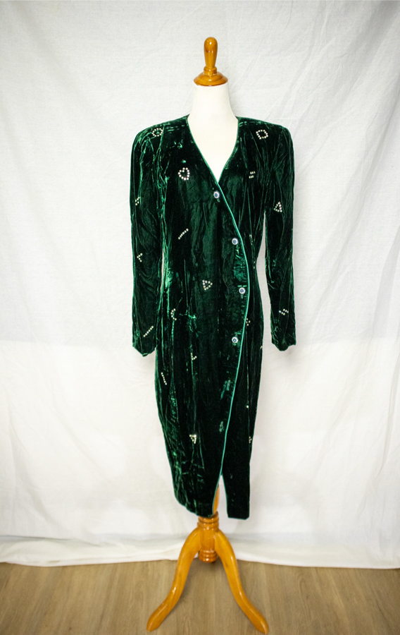 80s Green Velvet Bedazzled Midi Dress (M)