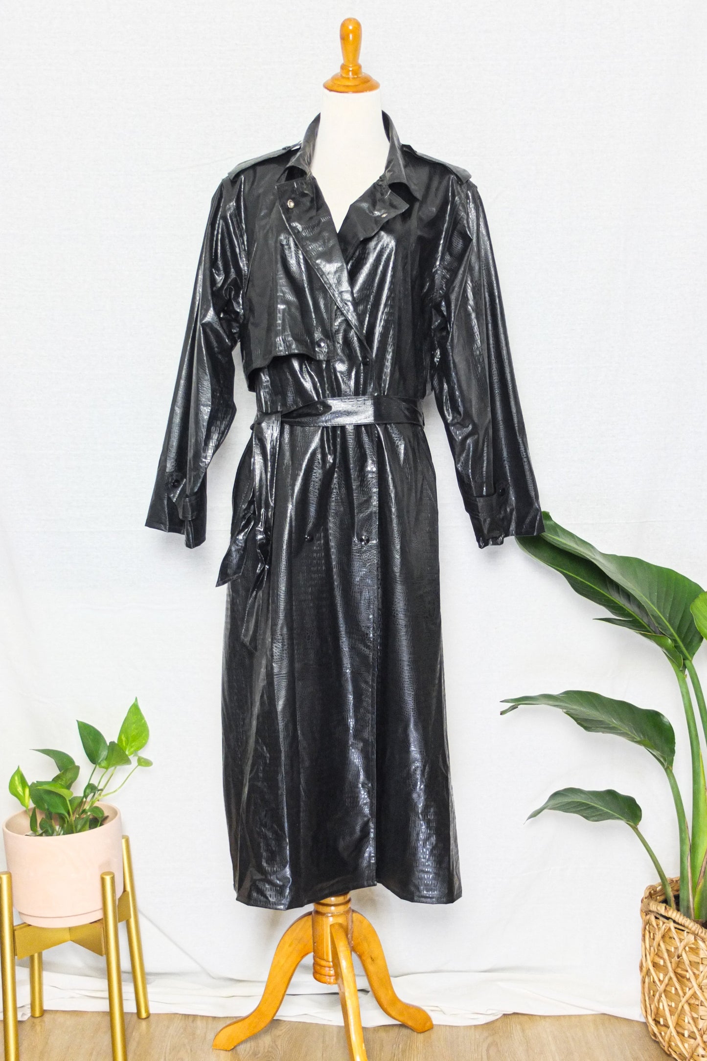 Vintage 80s Wippette Black Vinyl Rain Trench Jacket (M)