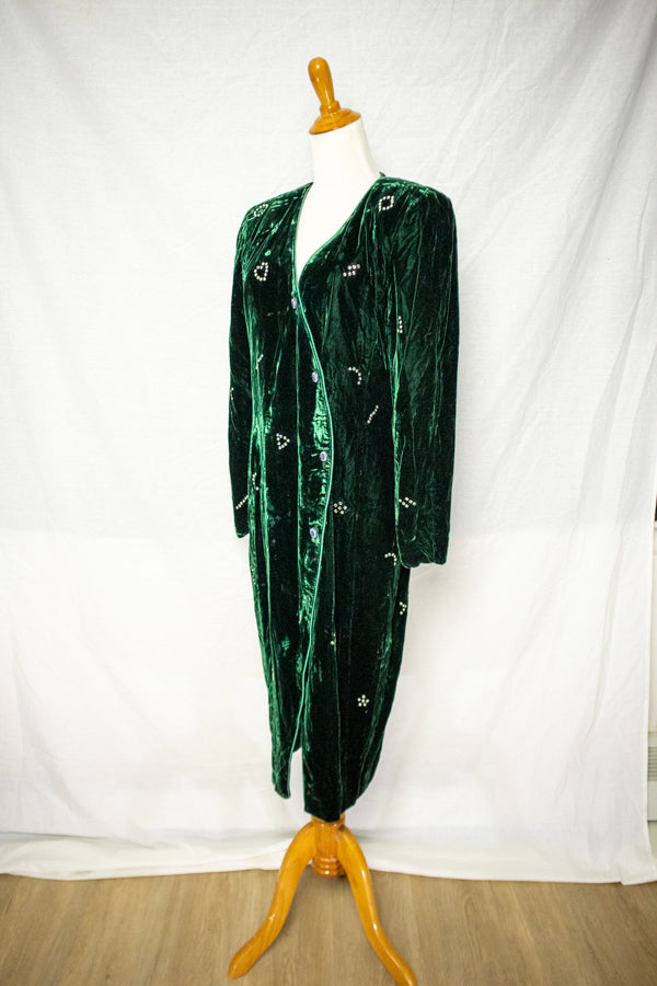 80s Green Velvet Bedazzled Midi Dress (M)