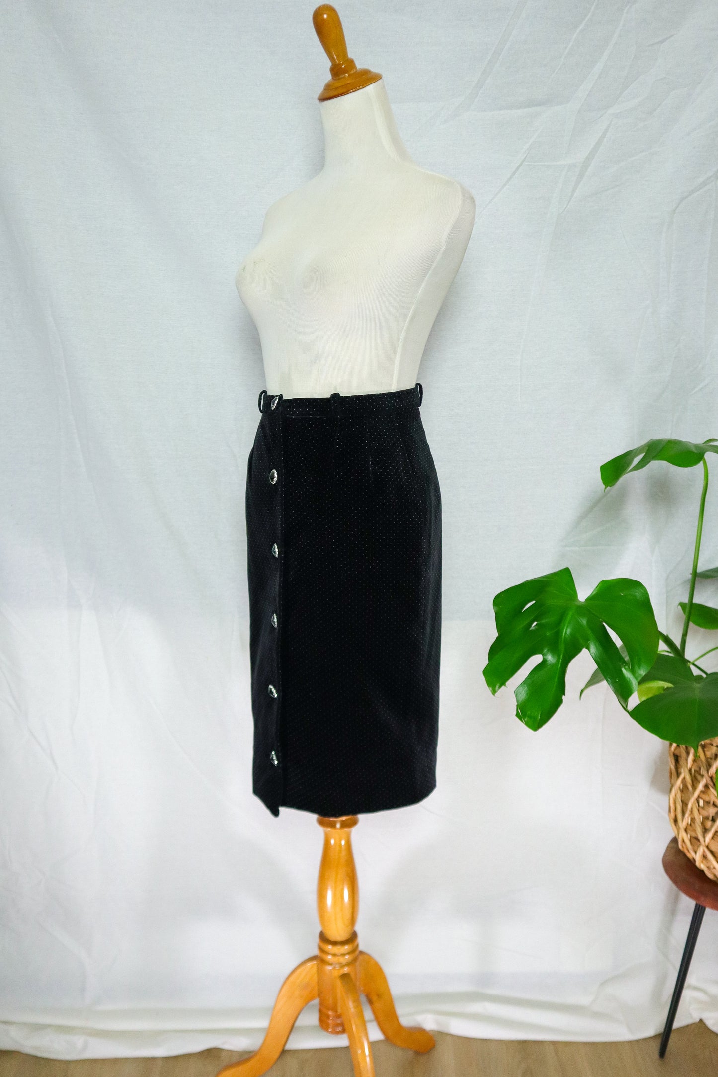 Vintage Valentino Boutique Black Velvet Polka Dot Pencil Midi (XS)