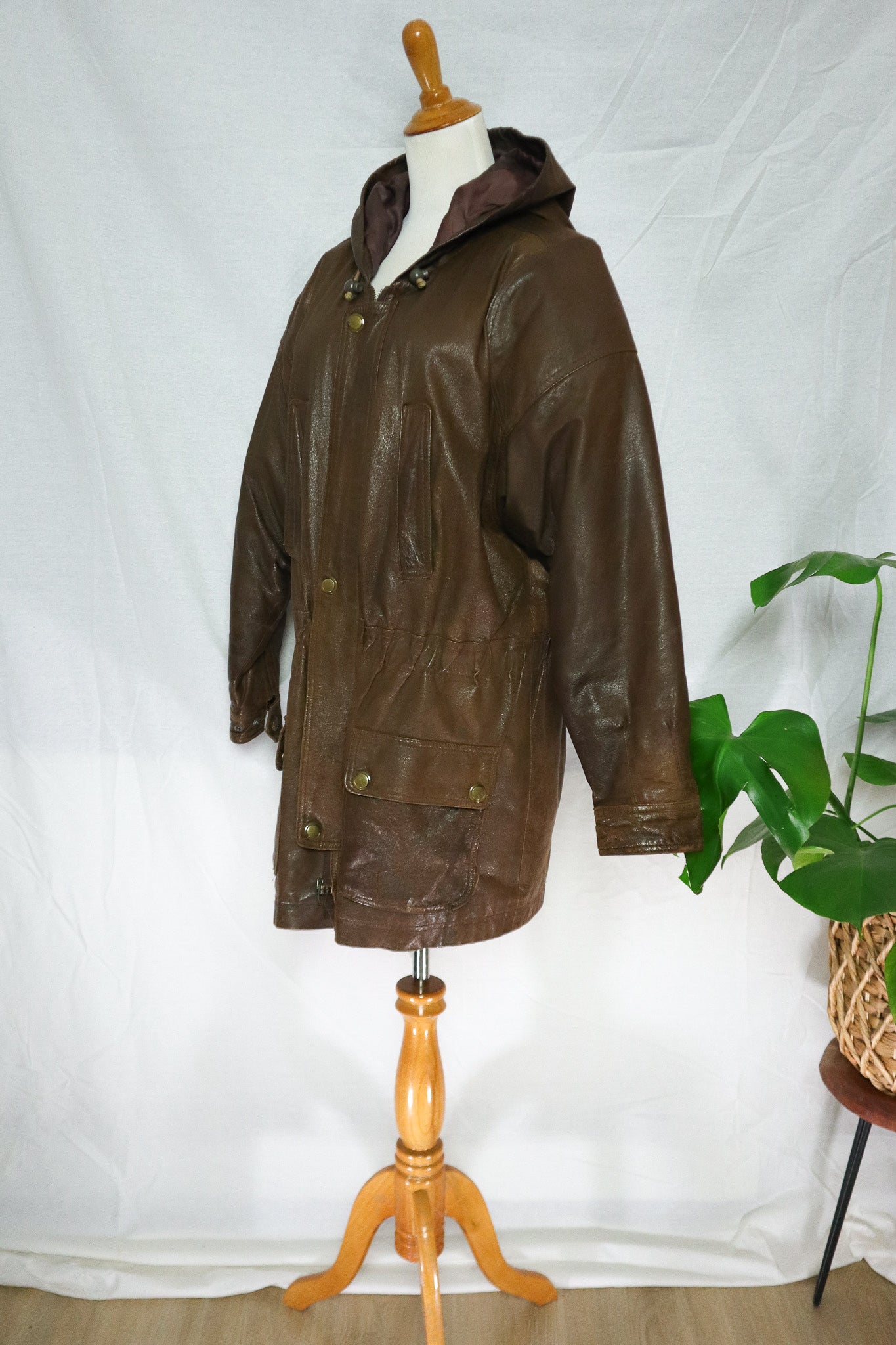 80s Brown Insulated Leather Hooded Overcoat (M)