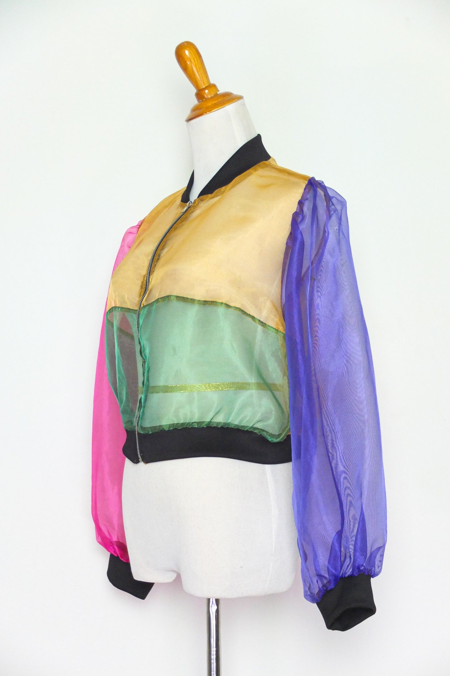 Colorblock Sheer Crop Zip Up Jacket (S-M)