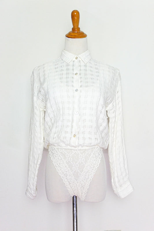 Vintage A'nue White Y2K Button Front Linen Bodysuit (S)