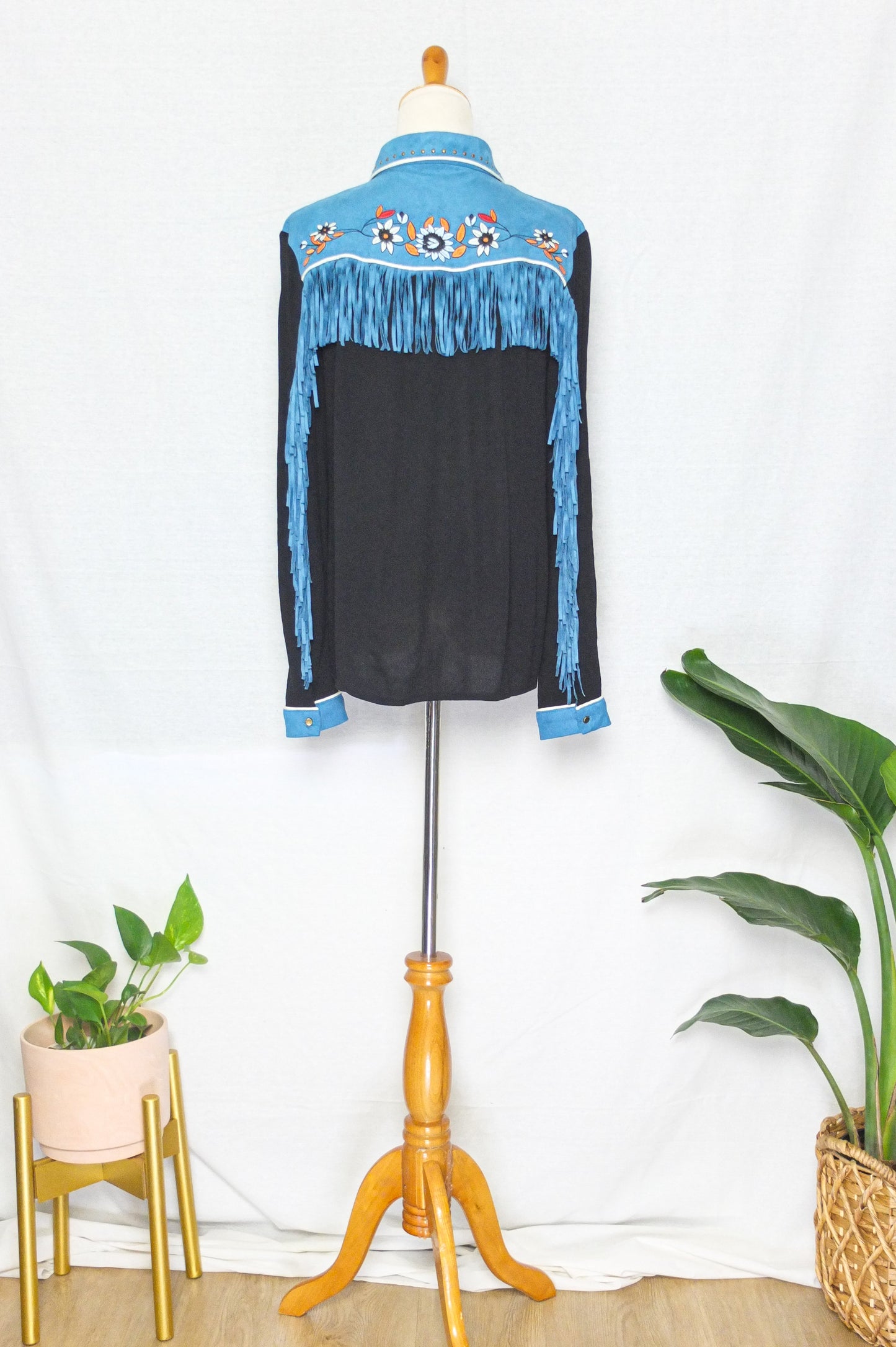 John Moon Blue Embroidered Western Fringe Shirt (M)