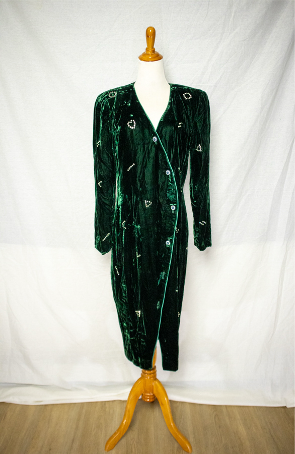 80s Green Velvet Bedazzled Midi Dress (M)