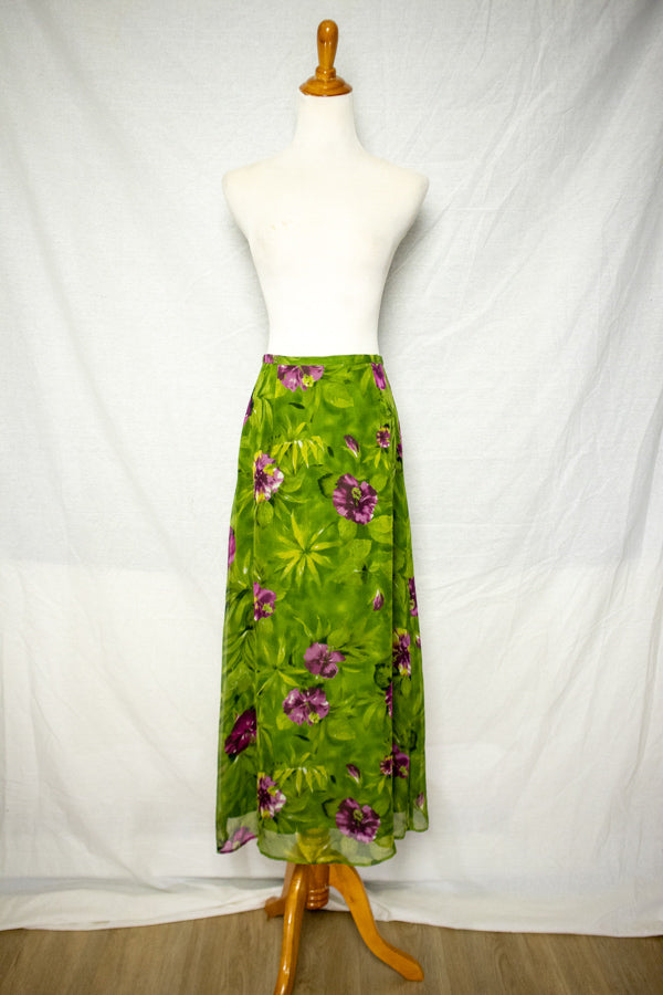 Bias Cut Green Floral Silk Midi Skirt (S)