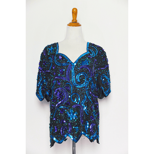 Vintage 80s Blue Black Beaded Sequins Silk Top