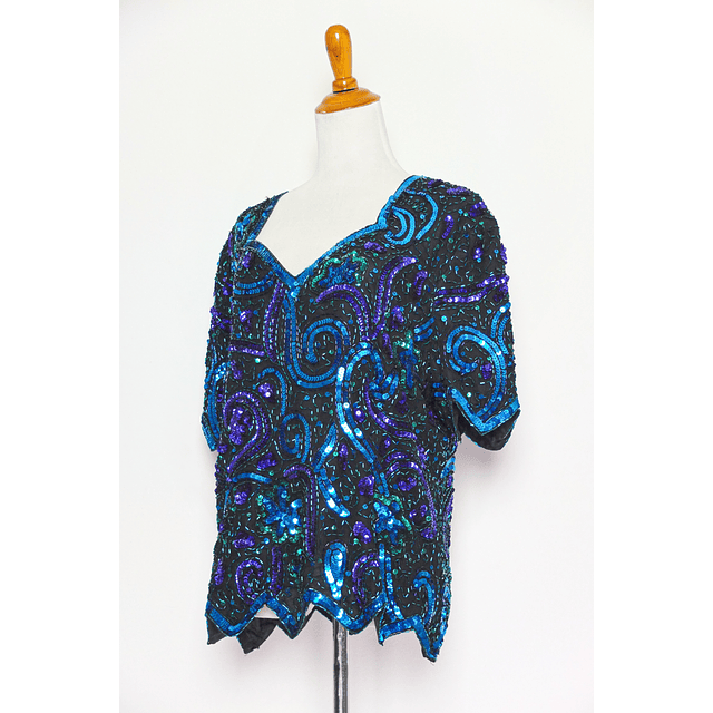 Vintage 80s Blue Black Beaded Sequins Silk Top