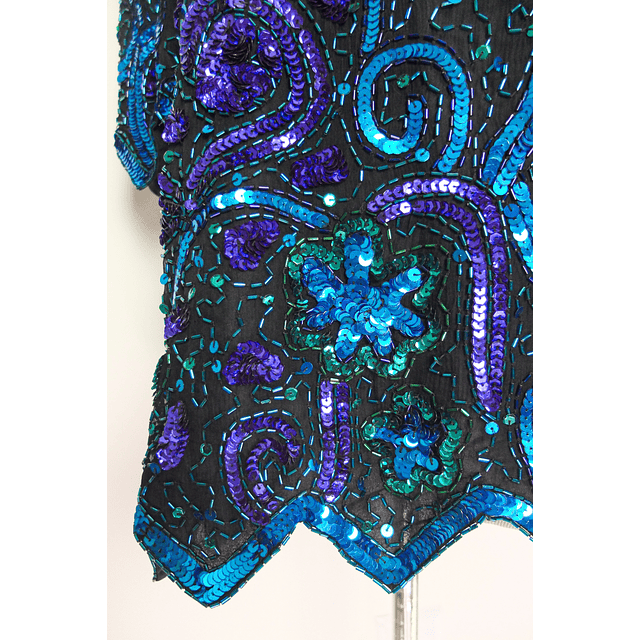 Vintage 80s Blue Black Beaded Sequins Silk Top