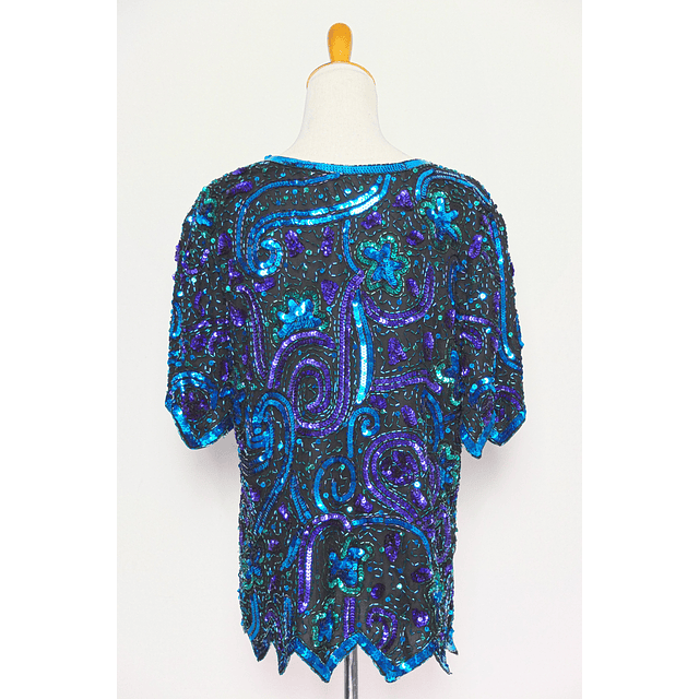 Vintage 80s Blue Black Beaded Sequins Silk Top