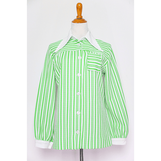 70s Green White Groovy Striped Poly Button Down (M)