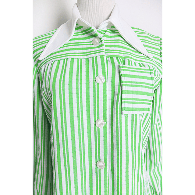 70s Green White Groovy Striped Poly Button Down (M)