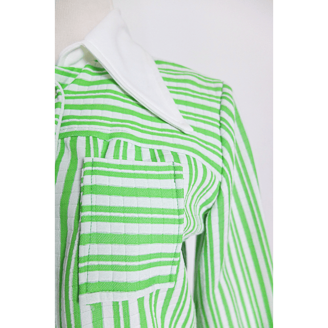 70s Green White Groovy Striped Poly Button Down (M)