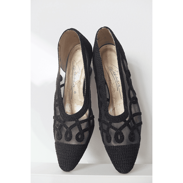 Vtg Caressa Black Tasseled Kitty Heel Shoes