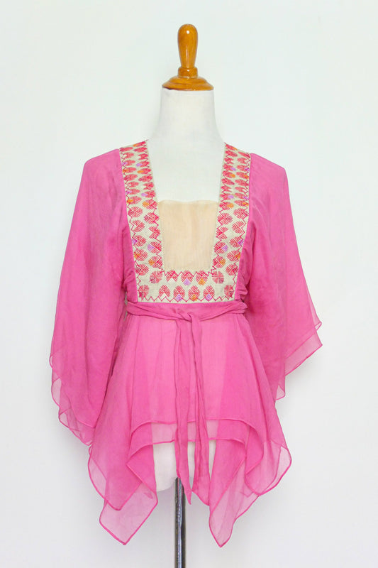 BCBG Pink Embroidered Sheer Fairy Silk Top