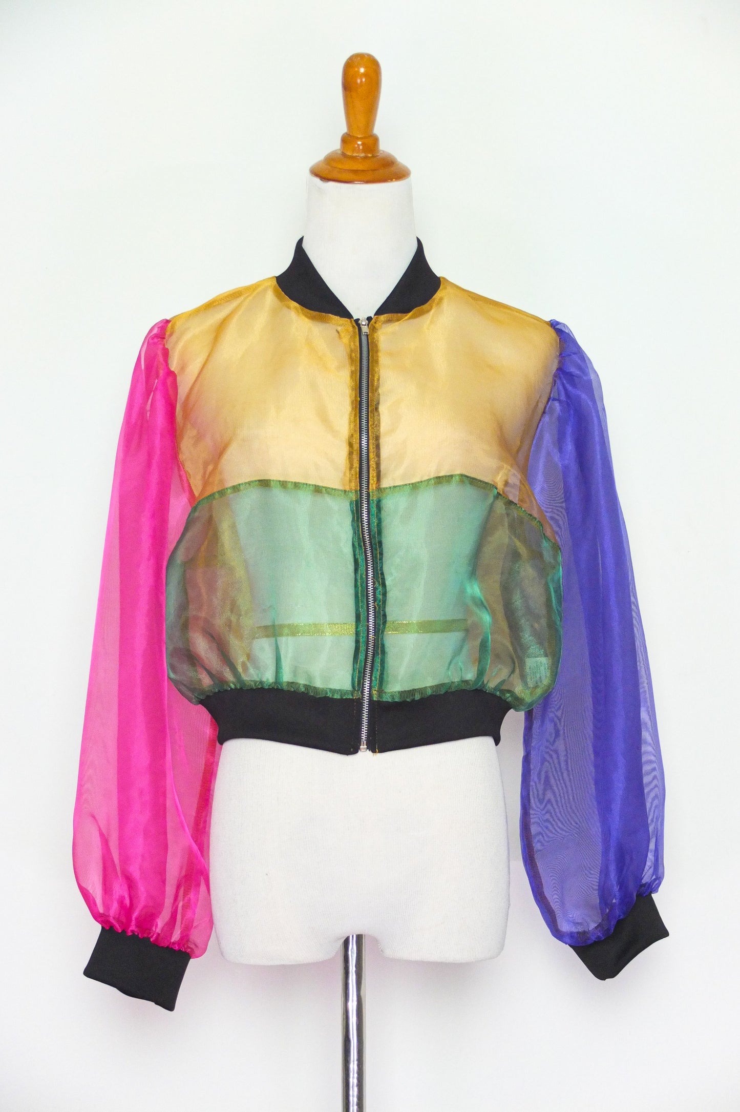 Colorblock Sheer Crop Zip Up Jacket (S-M)