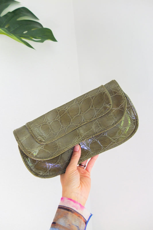 Vintage Green Croc Patent Leather Clutch