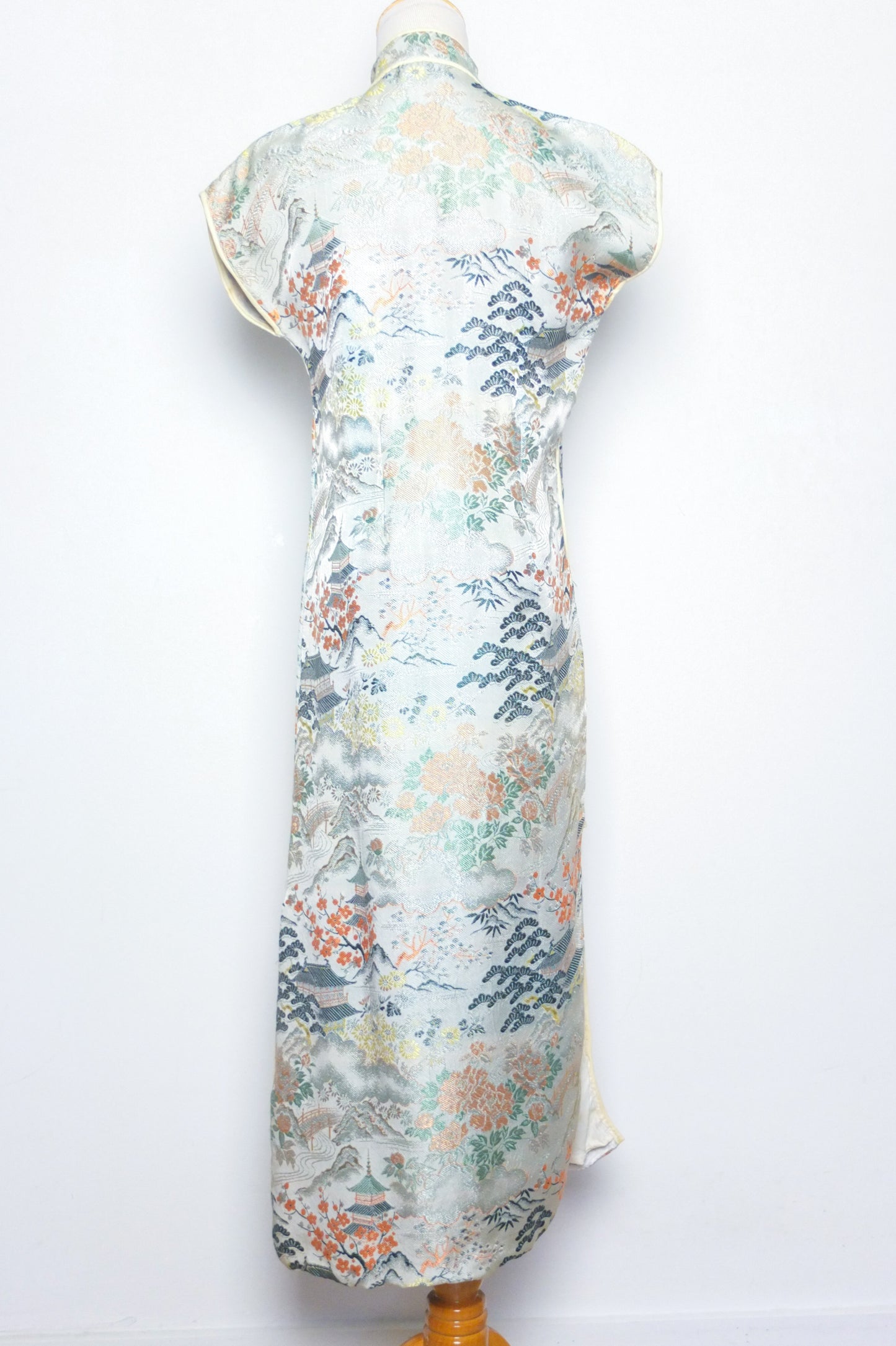 Vintage Cherry Blossom Mandarin Silk Maxi Dress (S-M)