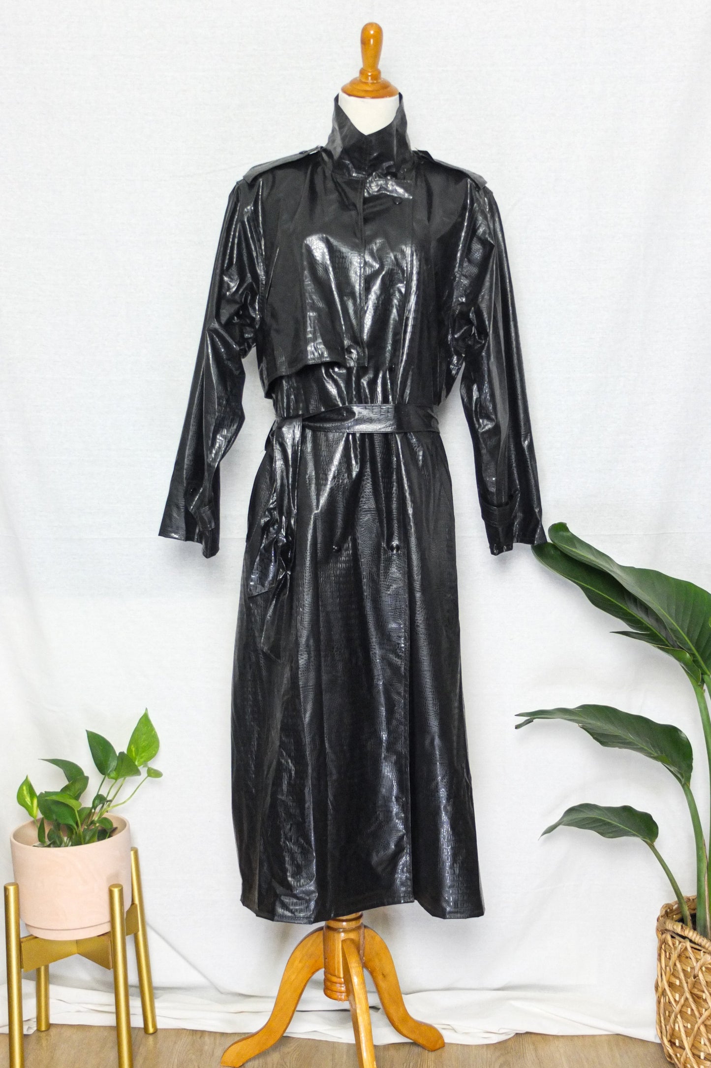 Vintage 80s Wippette Black Vinyl Rain Trench Jacket (M)