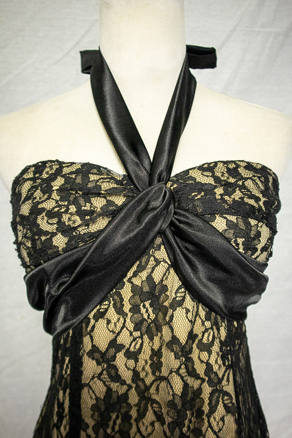 Y2K Black Lace Halter Strapless Dress (S)