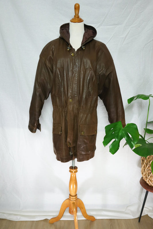 80s Brown Insulated Leather Hooded Overcoat (M)