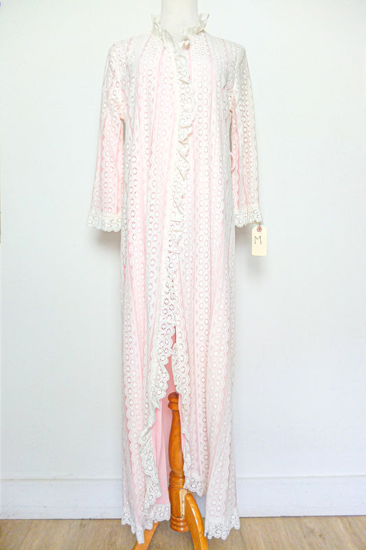 70s Say-Lu Loungewear Pink White Lace Robe Kimono (M)