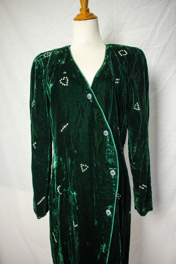 80s Green Velvet Bedazzled Midi Dress (M)