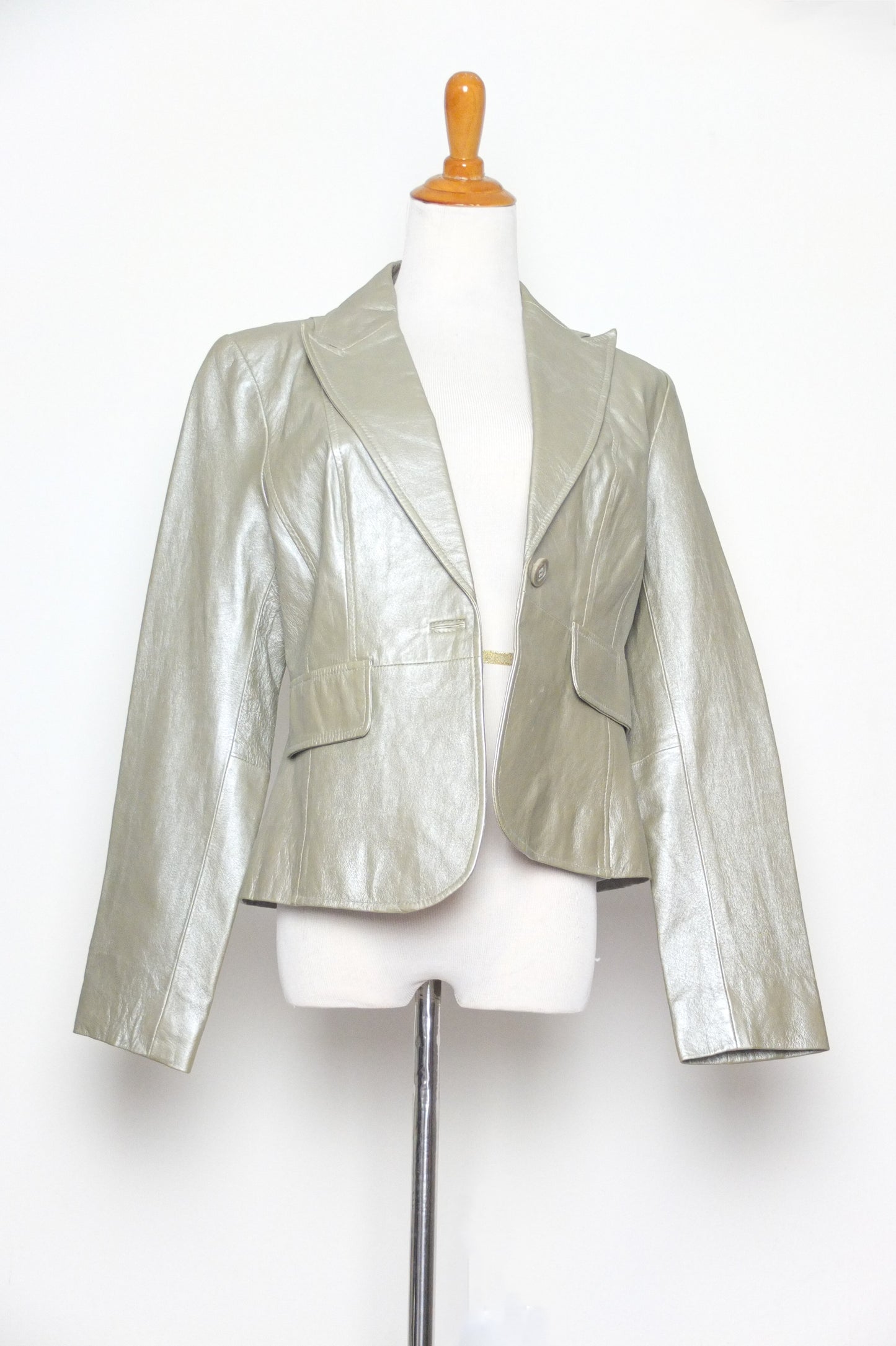 Vintage Metallic Silver Leather Blazer Jacket (M)