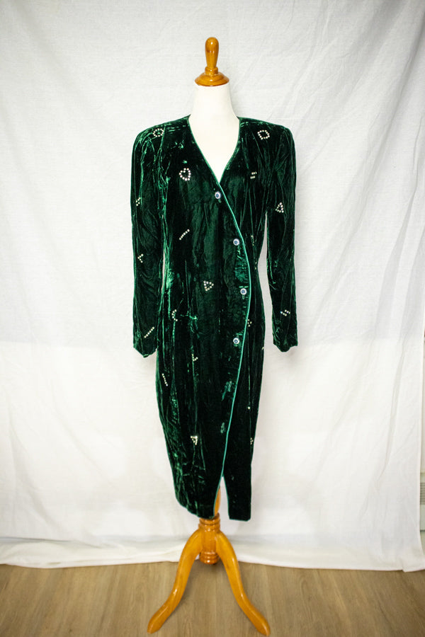 80s Green Velvet Bedazzled Midi Dress (M)