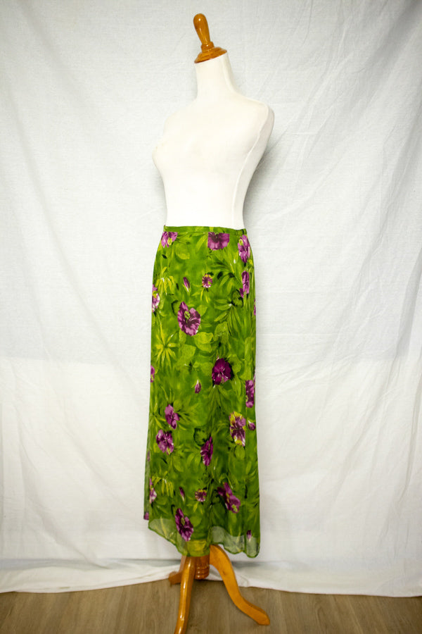 Bias Cut Green Floral Silk Midi Skirt (S)