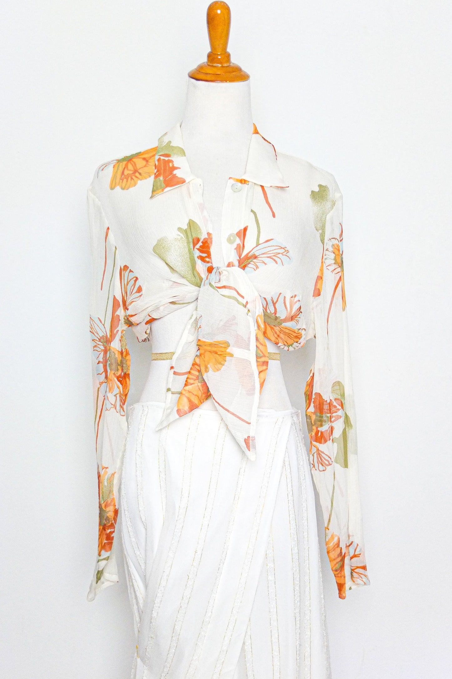 Vintage Cream Orange Floral Silk Blouse (M-L)