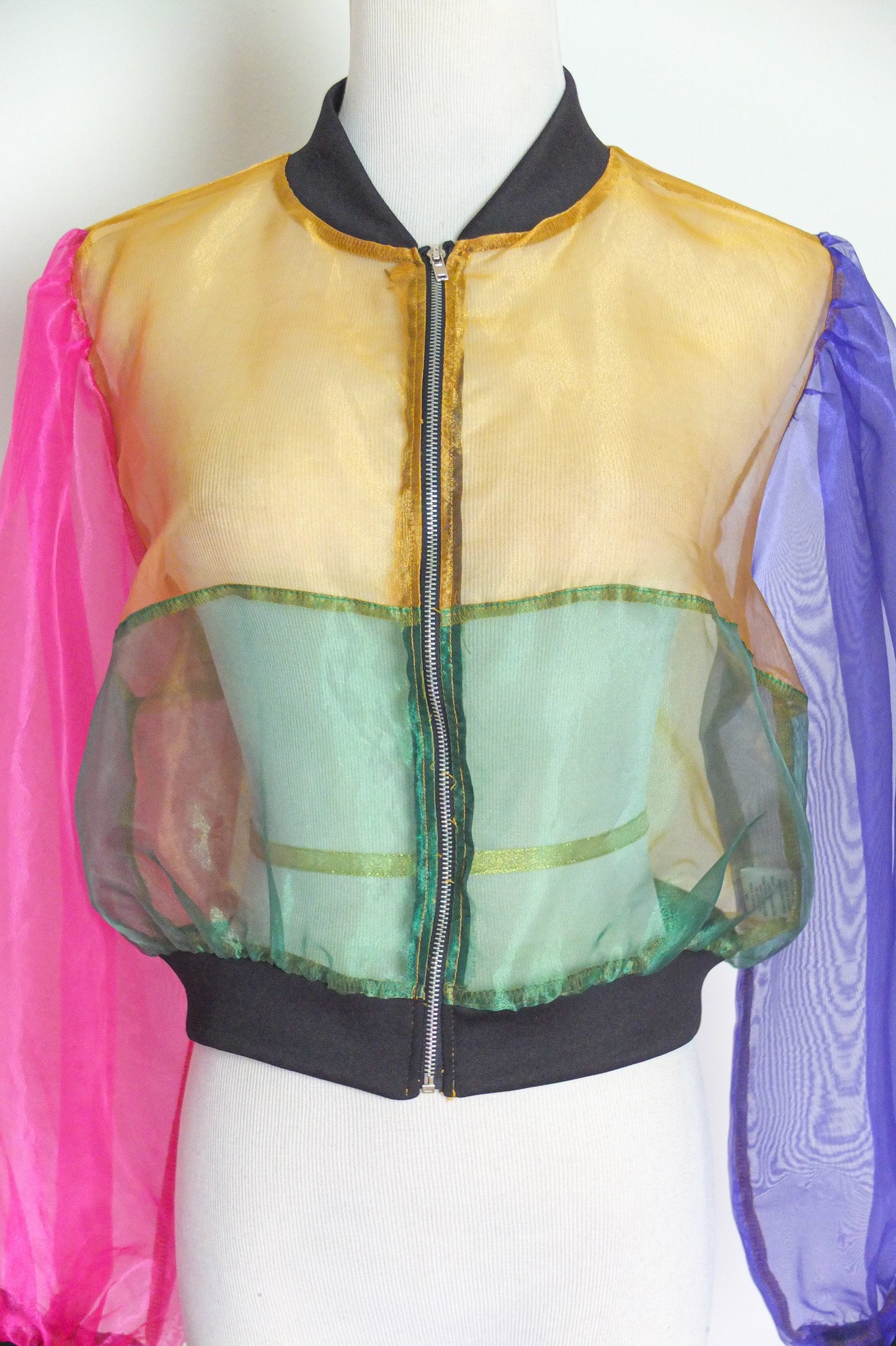 Colorblock Sheer Crop Zip Up Jacket (S-M)