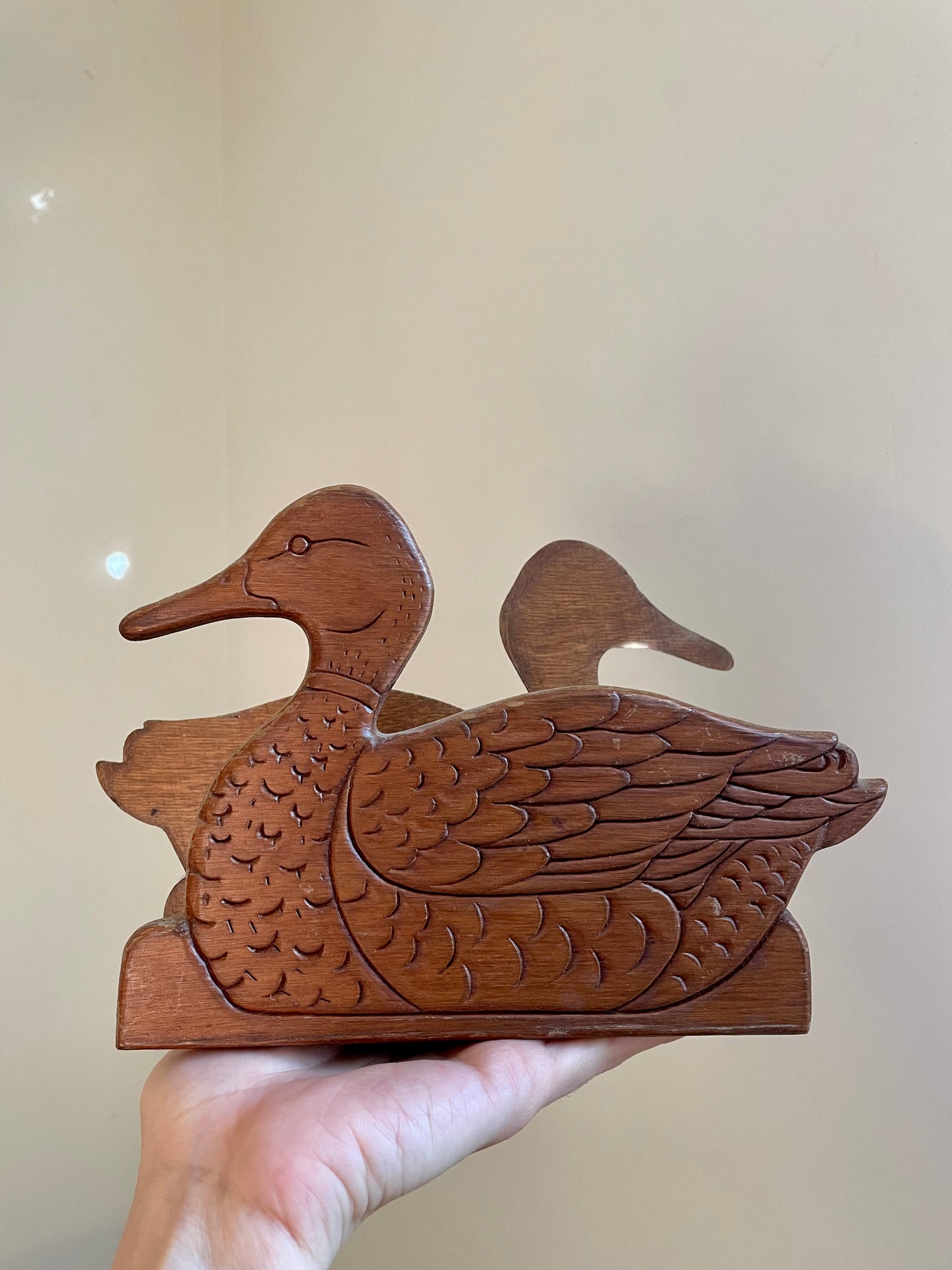 Mid Century Carved Wood Duck Napkin/Letter Holder