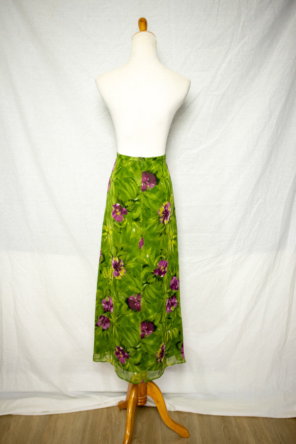 Bias Cut Green Floral Silk Midi Skirt (S)