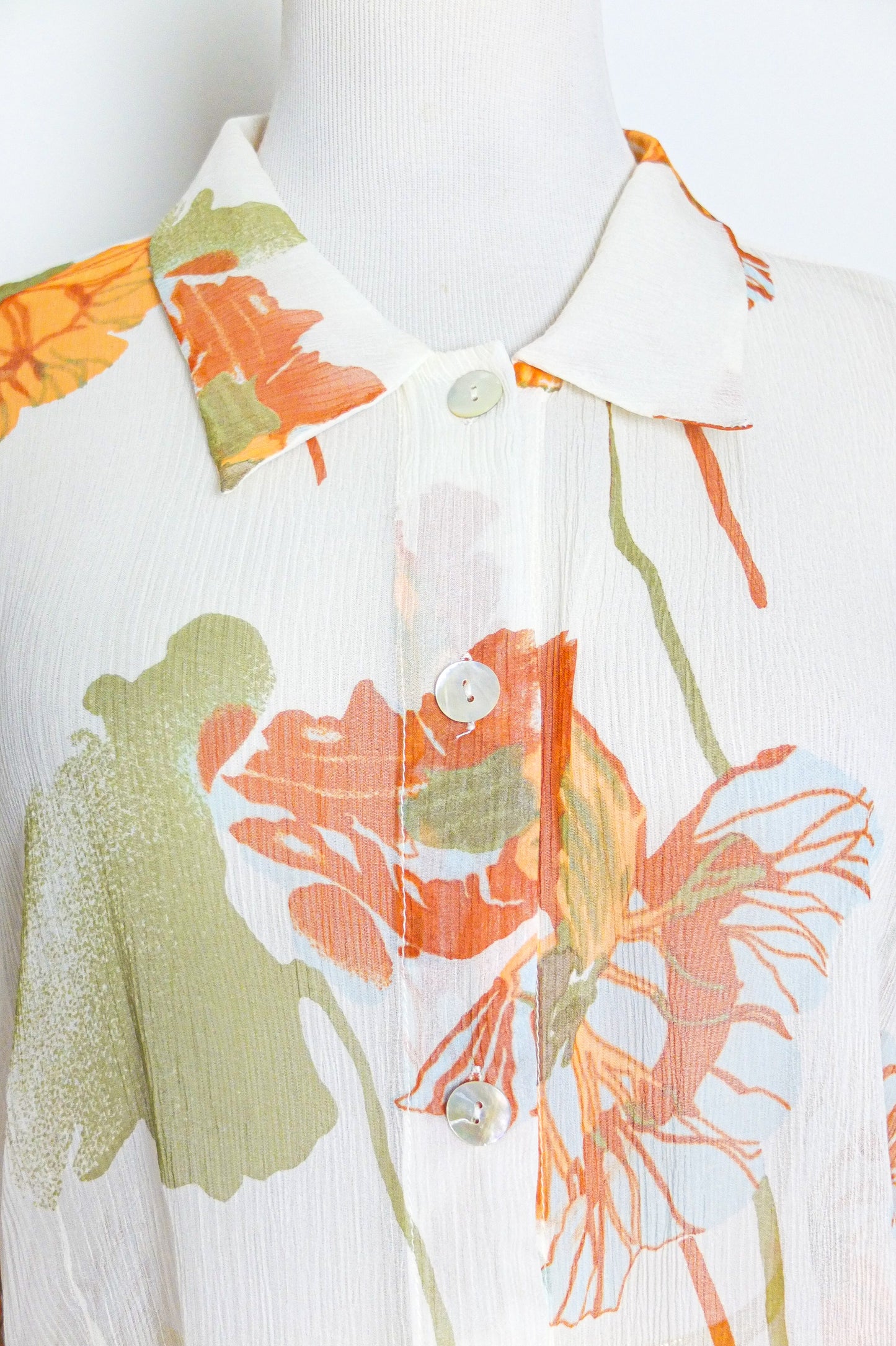 Vintage Cream Orange Floral Silk Blouse (M-L)