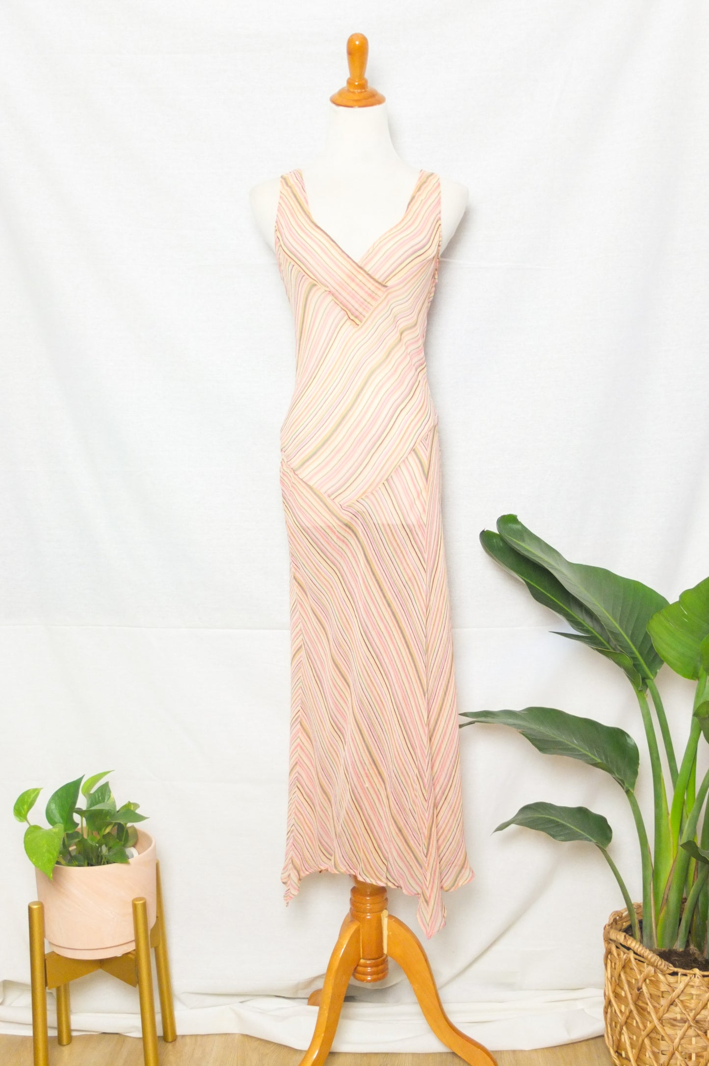 Vintage Robble Bee Pink Striped Bias Silk Midi Dress (S/M)