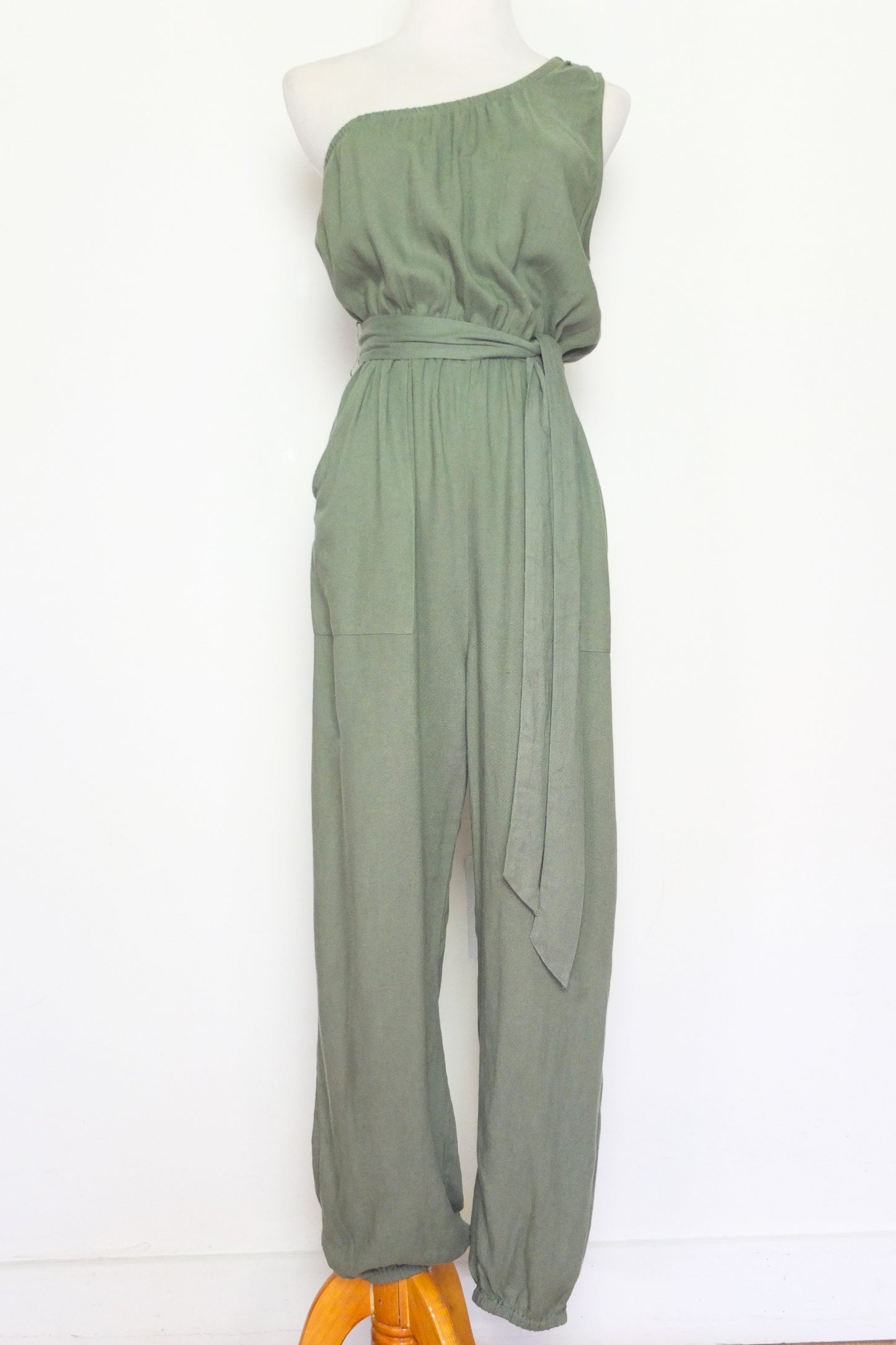 Army Green One Shoulder Viscose Jumpsuit (S)