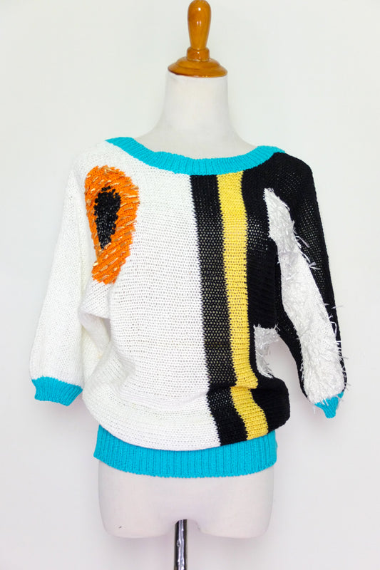 Abstract Papaya Colorblock Beaded Vintage Knit (S-M)