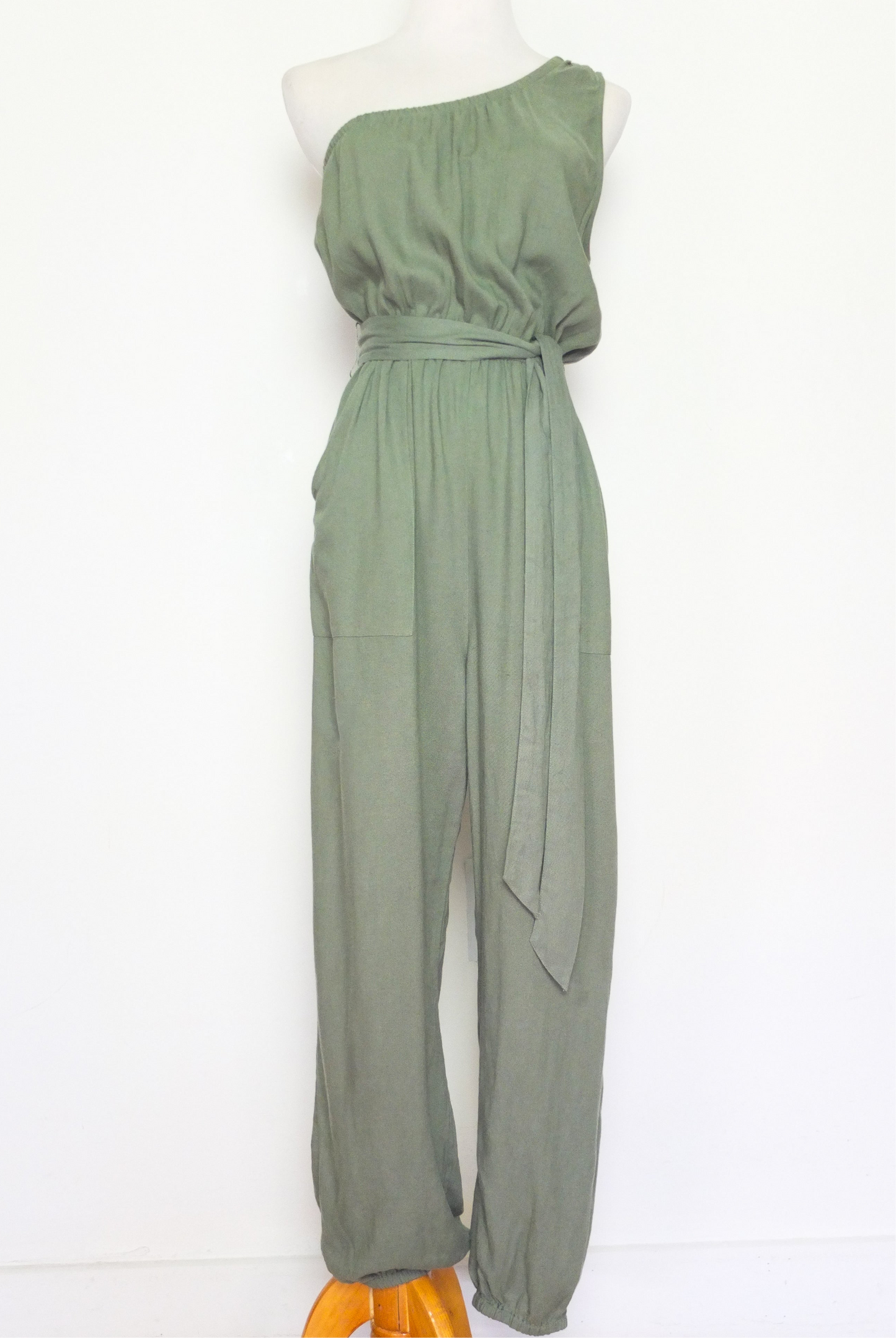 Army Green One Shoulder Viscose Jumpsuit (S)