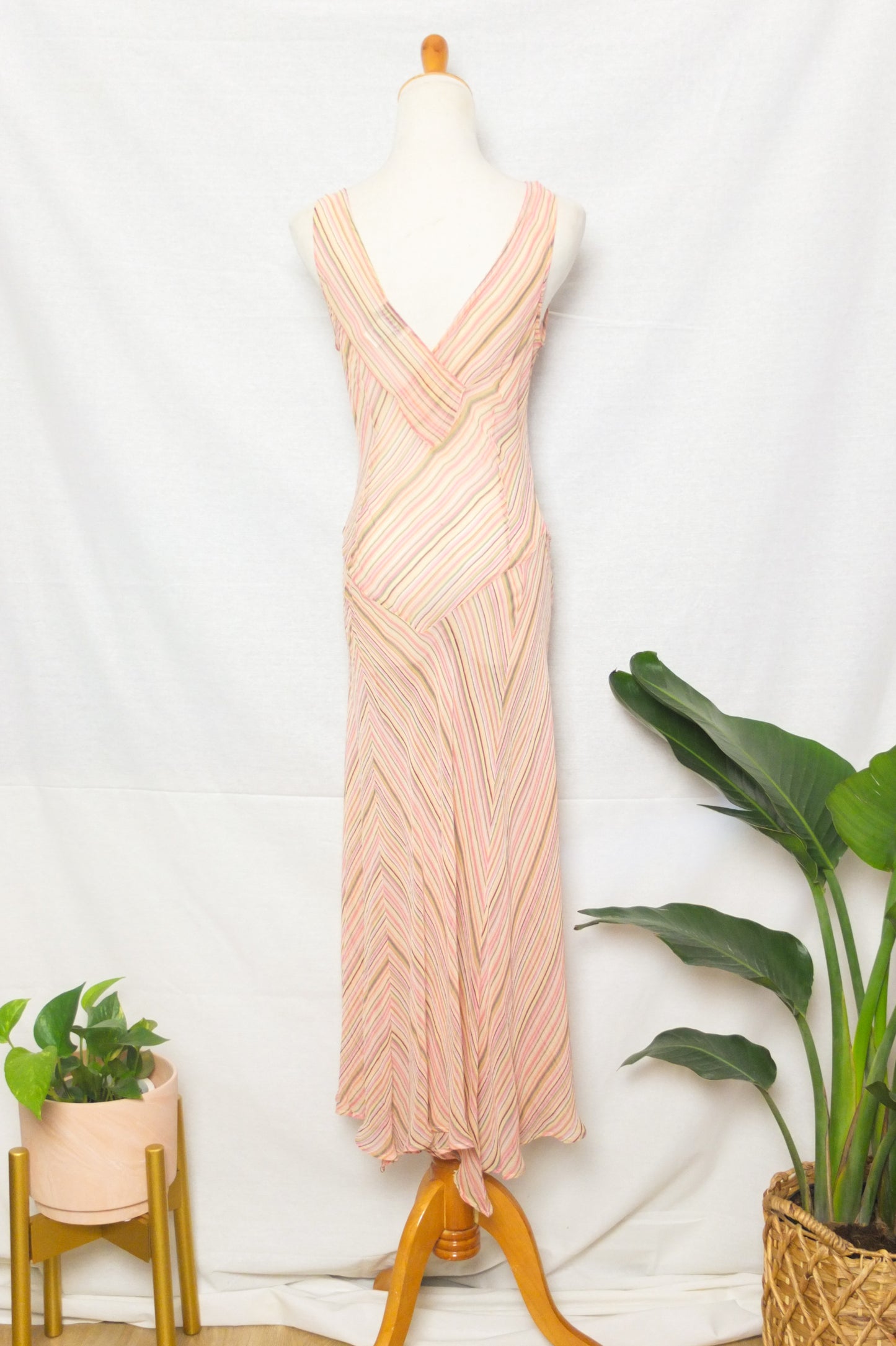 Vintage Robble Bee Pink Striped Bias Silk Midi Dress (S/M)