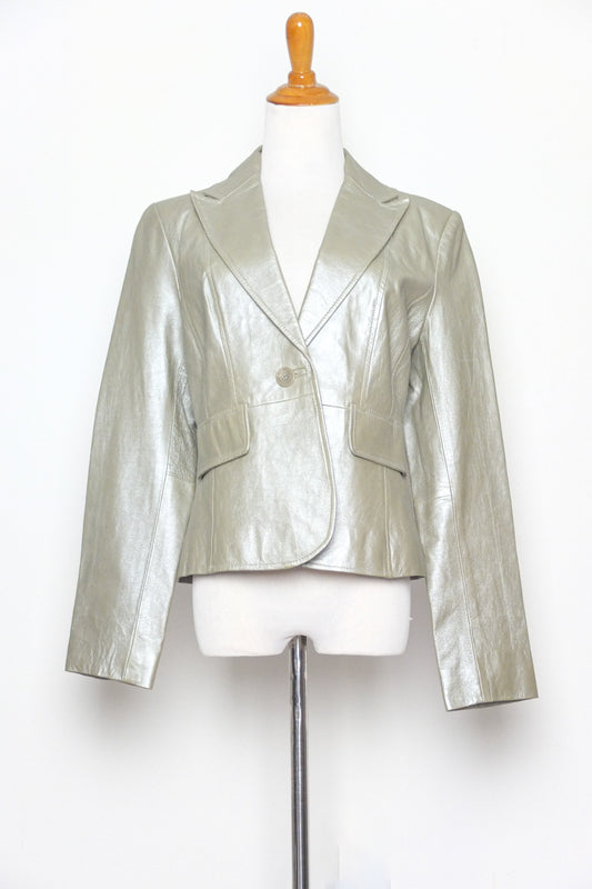 Vintage Metallic Silver Leather Blazer Jacket (M)