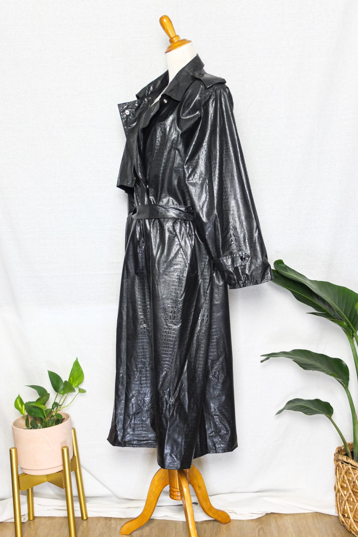 Vintage 80s Wippette Black Vinyl Rain Trench Jacket (M)