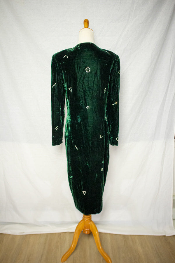 80s Green Velvet Bedazzled Midi Dress (M)