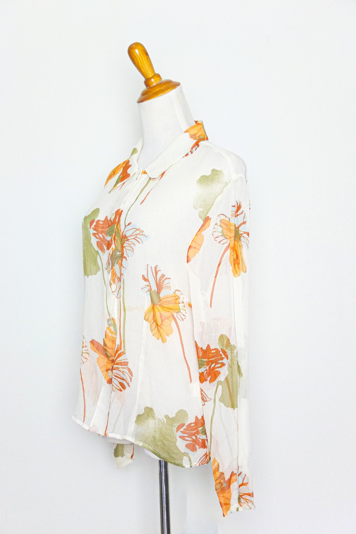 Vintage Cream Orange Floral Silk Blouse (M-L)