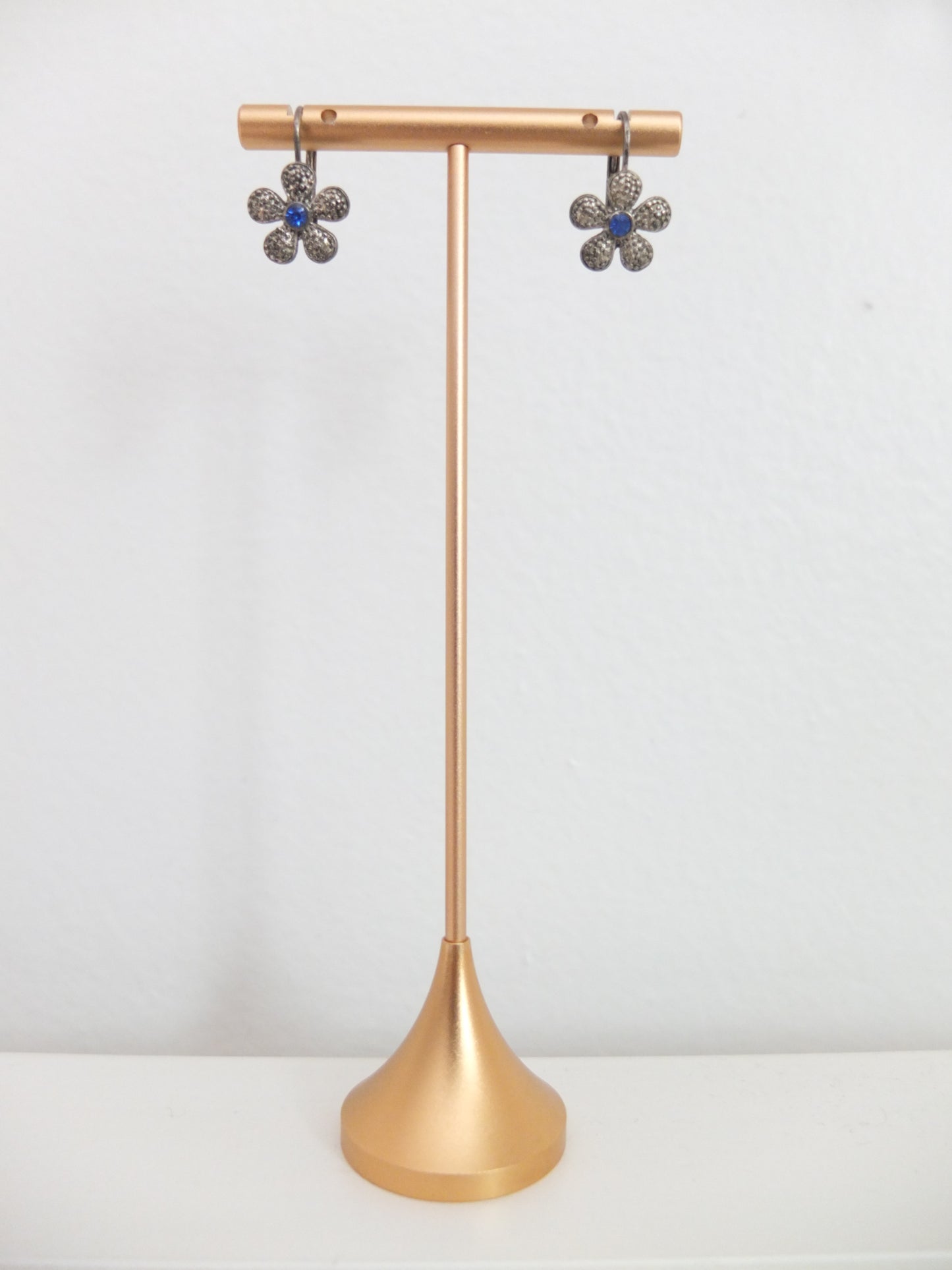 Vintage Gunmetal Cobalt Dainty Flower Earrings