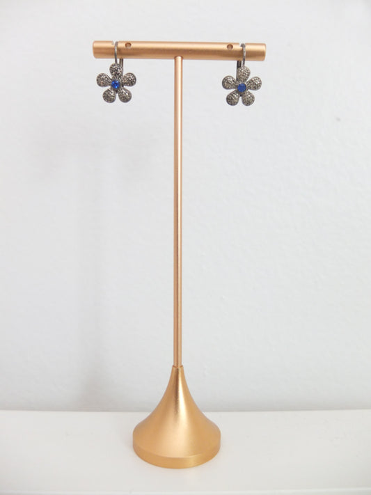 Vintage Gunmetal Cobalt Dainty Flower Earrings