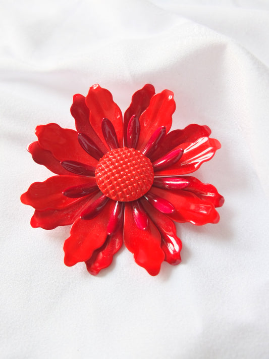 Vintage Enamel Big Red Flower Brooch