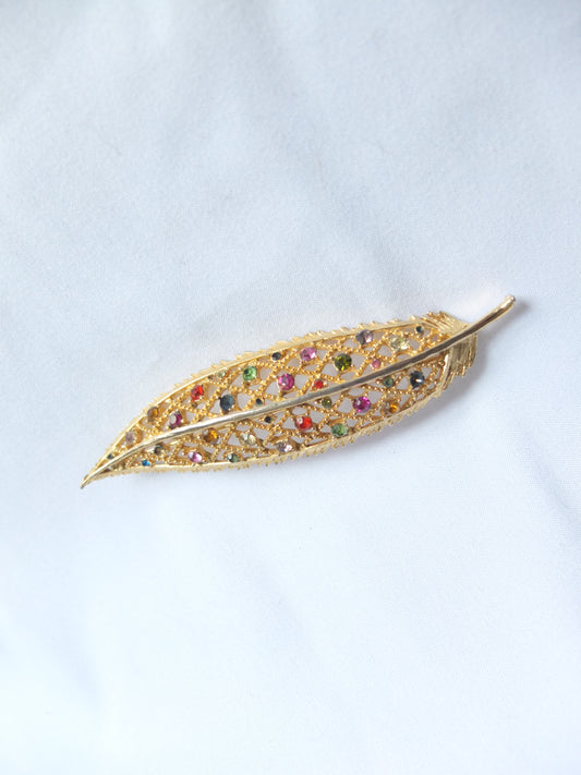 Vintage Gold Tone Rhinestones Leaf Brooch