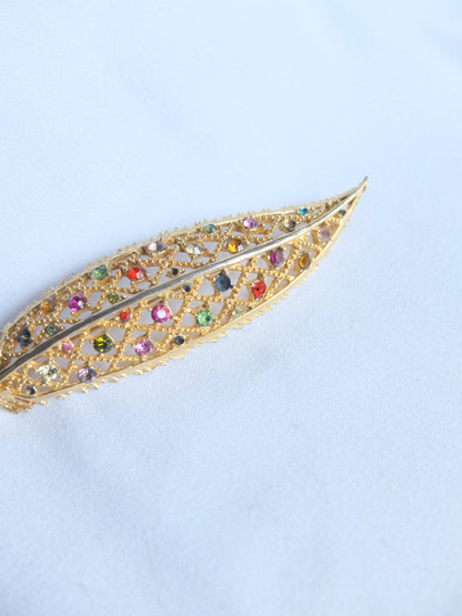 Vintage Gold Tone Rhinestones Leaf Brooch